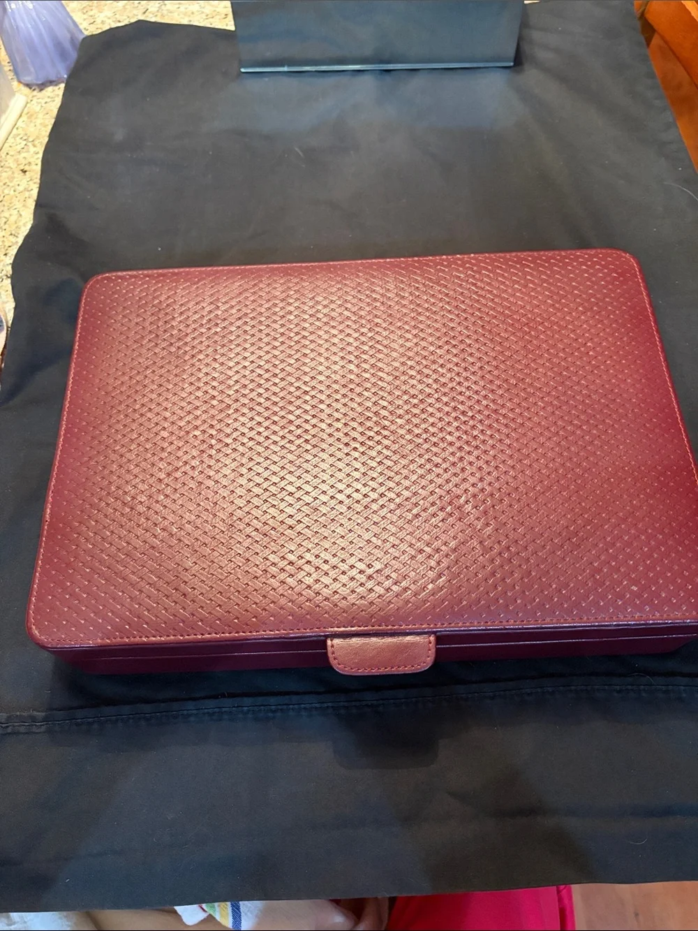 Jewelry or keepsake Case - Burgundy leather 3 compartments. 14x9 1/2x3